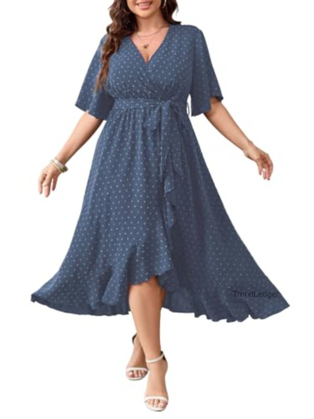 Plus Size Maxi V Neck Wrap Swiss Dot Flowy Wedding Guest Dress